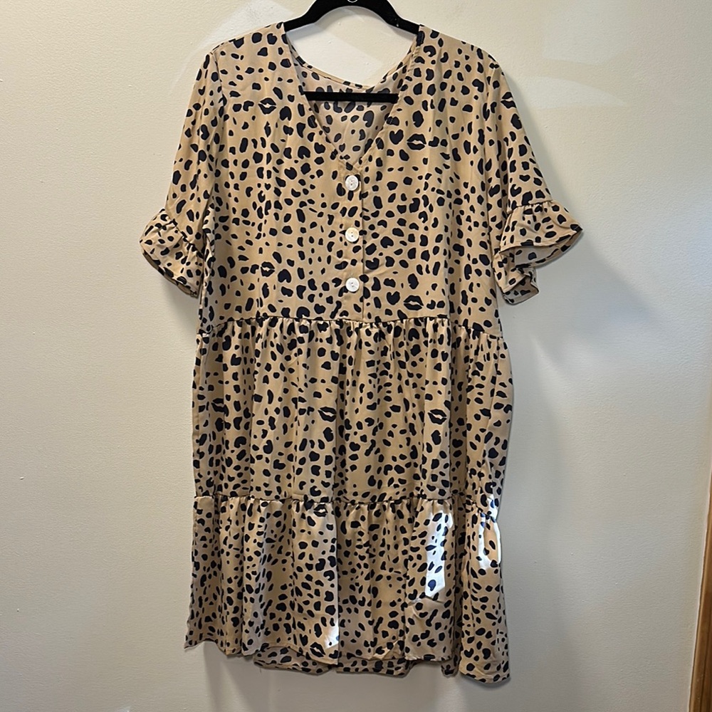 Women’s Animal Cheetah Leopard Print Casual Short Sleeve Shirt Dress Size XL